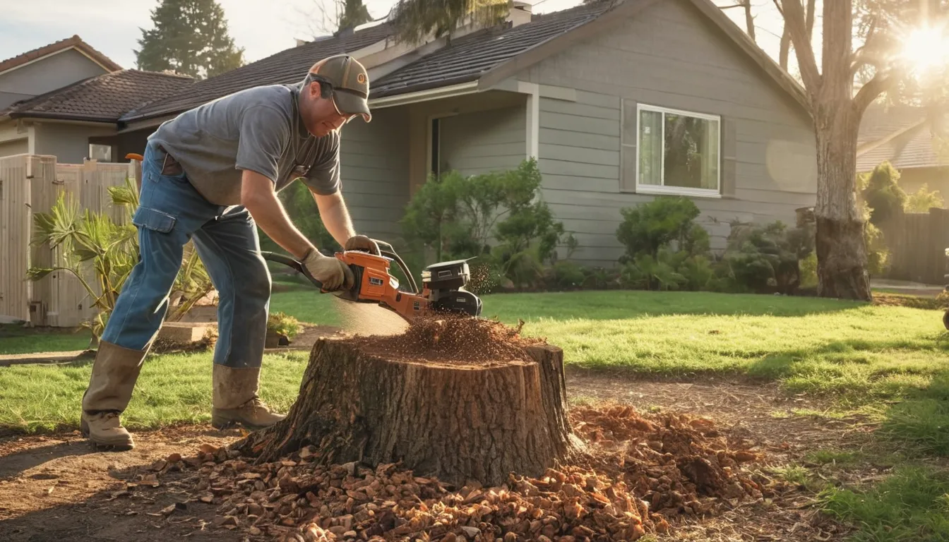 Provider operating a stump grinder in a residential backyard in Lone Jack